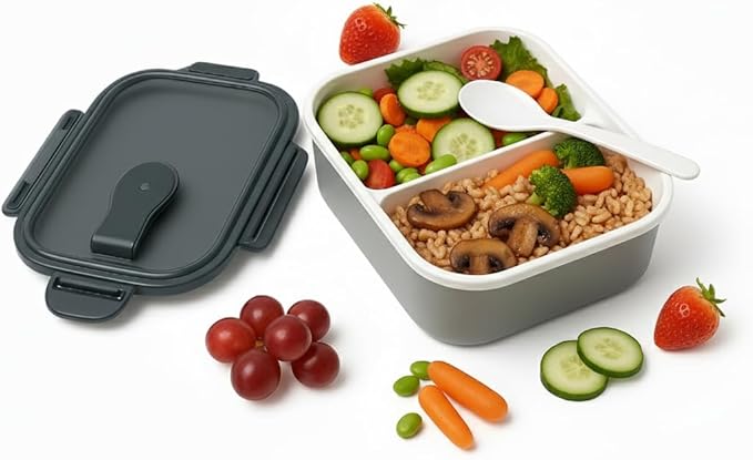 2-Compartment Bento Lunch Box – Leakproof, BPA-Free, Microwave & Dishwasher Safe Meal Prep Container – Compact & Reusable Food Storage for Work, Gym, or Travel (Slate Grey)
