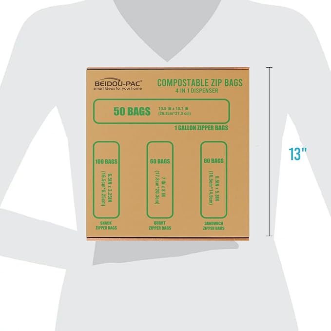 Compostable Combo Storage Zip Bags 290 Count, Resealable Variety Pack with Organizer, Reclosable Biodegradable Eco-Friendly Compost Snack, Sandwich, Quart, Gallon Assorted Size Bags