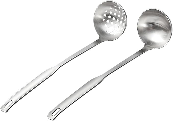 2 Pcs Soup Ladle Colander, Metallic Frosting Flatware Cookware Serving Long Handle Steel Slotted Spoon Cooking Utensil Set for Hotpot