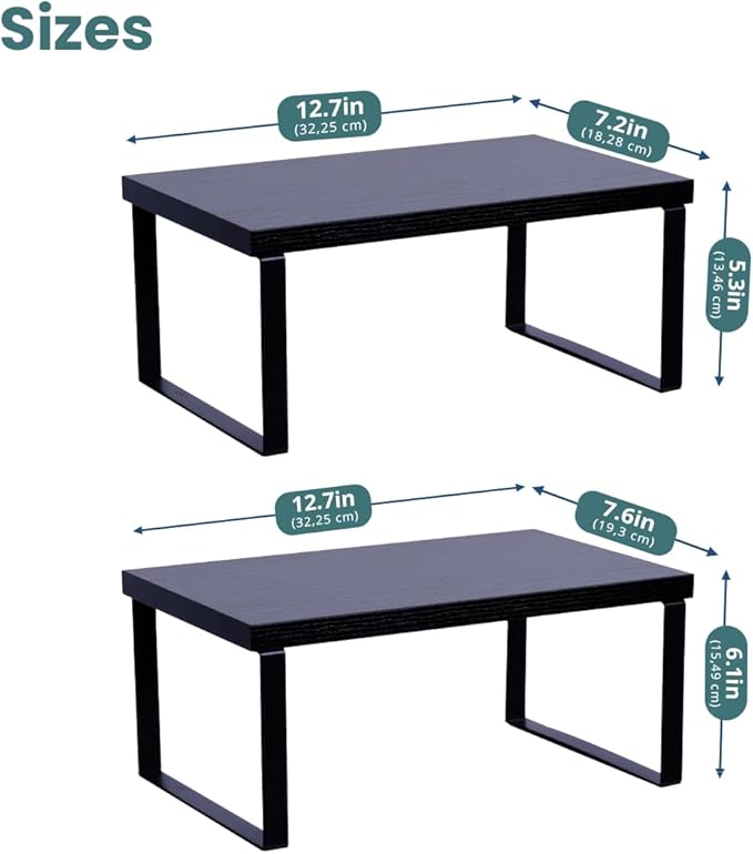 Sben Cabinet Organizer Shelf, Set of 2 Kitchen Counter Shelves, Kitchen Storage, Spice Rack, Stackable, Expandable, Metal and Engineered Wood, Ink Black and Charcoal Black