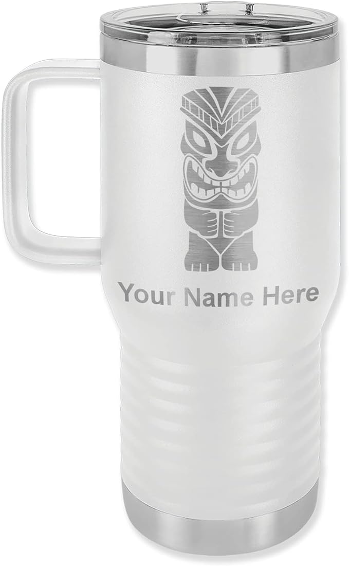 LaserGram 20oz Vacuum Insulated Travel Mug with Handle, Tiki Statue, Personalized Engraving Included (White)