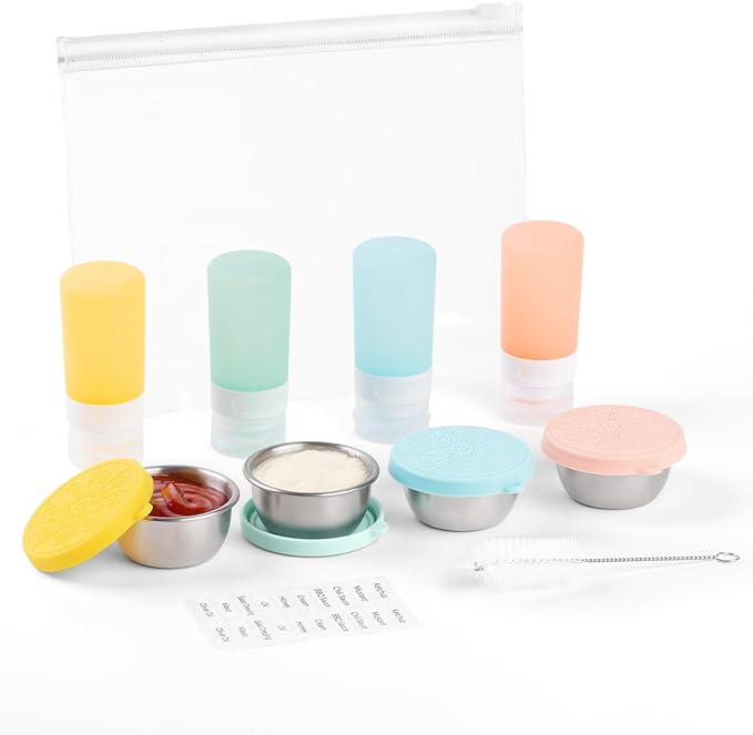 8-Pack Salad Dressing Container To Go, 2-oz Silicone Small Condiment Squeeze Bottles and 1.6 oz Stainless Steel Sauce Containers Cups, Leakproof Condiment Containers with Lids for Lunch Box