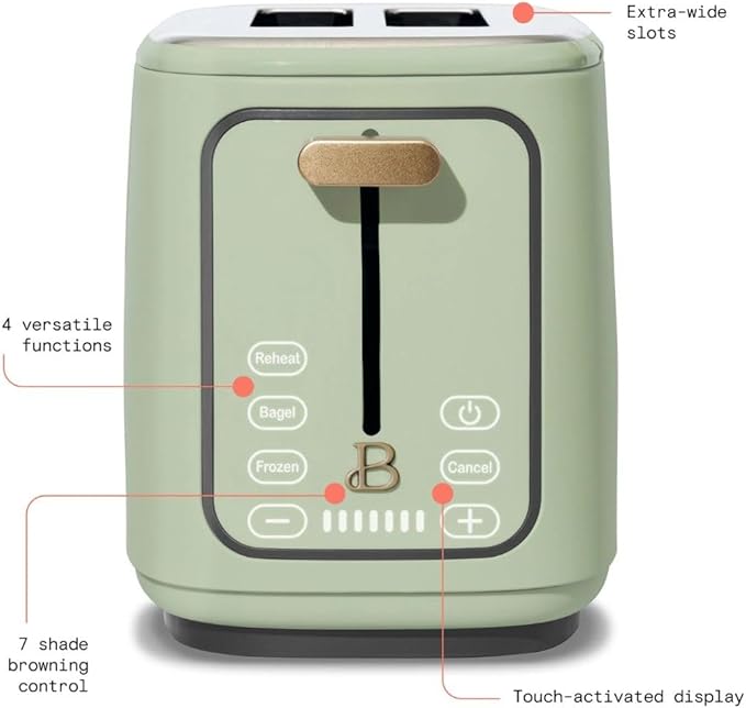 Beautiful 2-Slices Touchscreen Toaster with Digital Display, 7 Shade Settings, Bagel/Frozen Presets, Extra-Wide Slots, 900W (Sage Green)