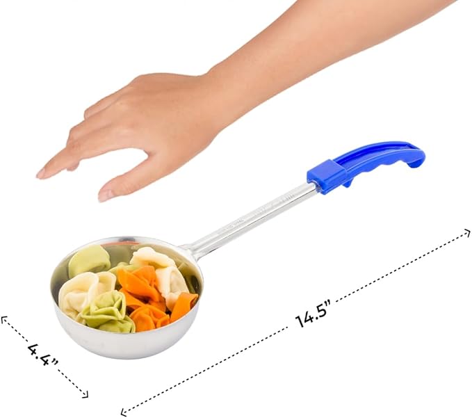 Restaurantware Met Lux 8 Ounce Portion Ladle 1 Perforated Portion Serving Spoon - Blue Handle Dishwashable Stainless Steel Slotted Serving Utensil Multipurpose For Serving Pasta