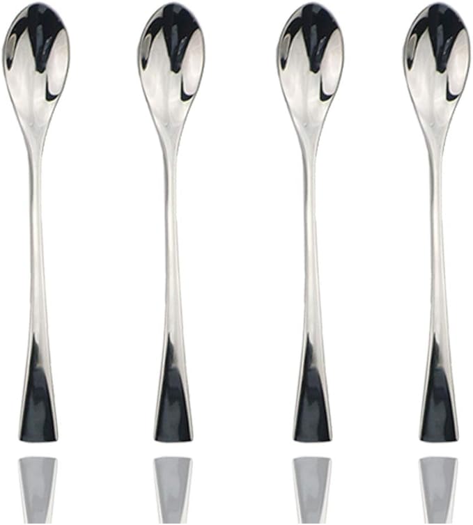 JASHII 18/10 Stainless Steel 4 Piece Mirror Polished Silver Long Handle Spoon Ice Cream Spoon Coffee Spoon Silverware Server Utensil Set 18CM