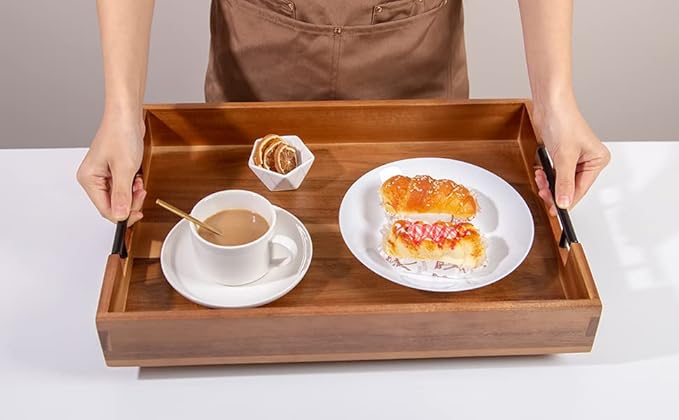 2PCS Large Wooden Ottoman Tray Rectangle Trays for Big Ottoman Counter Huge Kitchen Wood Serving Trays with Handles, Decorative Tray for Living Room Premium Acacia Wood Tray(20.1'' + 18.1'')