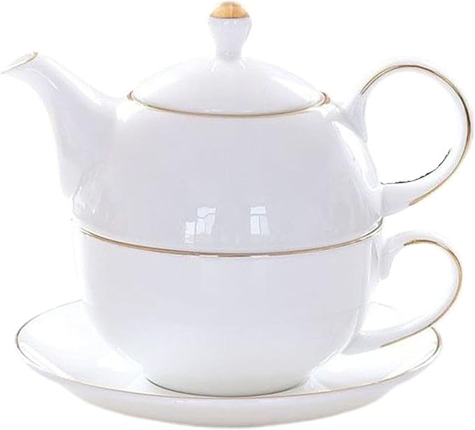 YBK Tech Ceramic Tea for One Set, 12oz Teapot and 8.2oz Cup with Saucer (White)