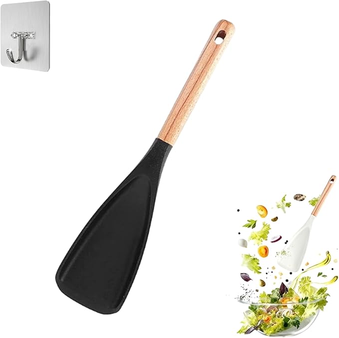 Cedar and Ash Spoon, Multifunction Spatula Cooking Spoon, Heat-Resistant Silicone, Wooden Handle, Safe for Nonstick Cookware, Ergonomic Grip, Ideal for Stirring, Mixing, Serving (1cps Black)