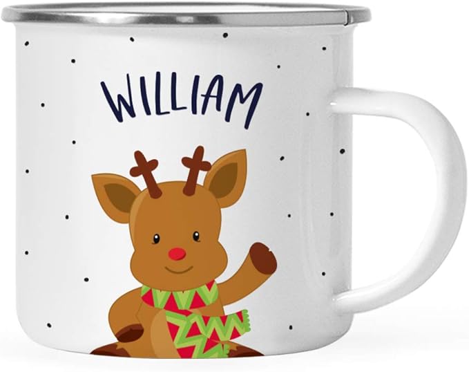Andaz Press Personalized Name 11oz. Kids Christmas Hot Chocolate Stainless Steel Campfire Coffee Mug, Adorable Rudolph Reindeer Waving, 1-Pack, Custom Birthday Xmas Cup Kids Mugs For Hot Chocolate