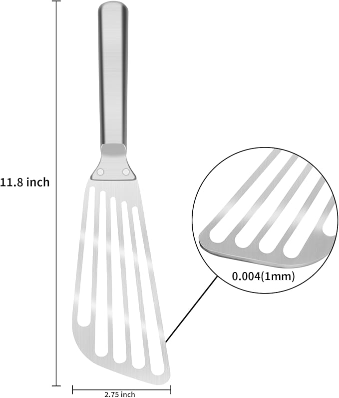 KSENDALO Flexible Fish Spatula Stainless Steel -Slotted Thin Egg Flipper with Riveted Handle, Angled Blade & Hollow Grip, Metal Turner for Cooking Fish Egg Pancakes (2 pack)