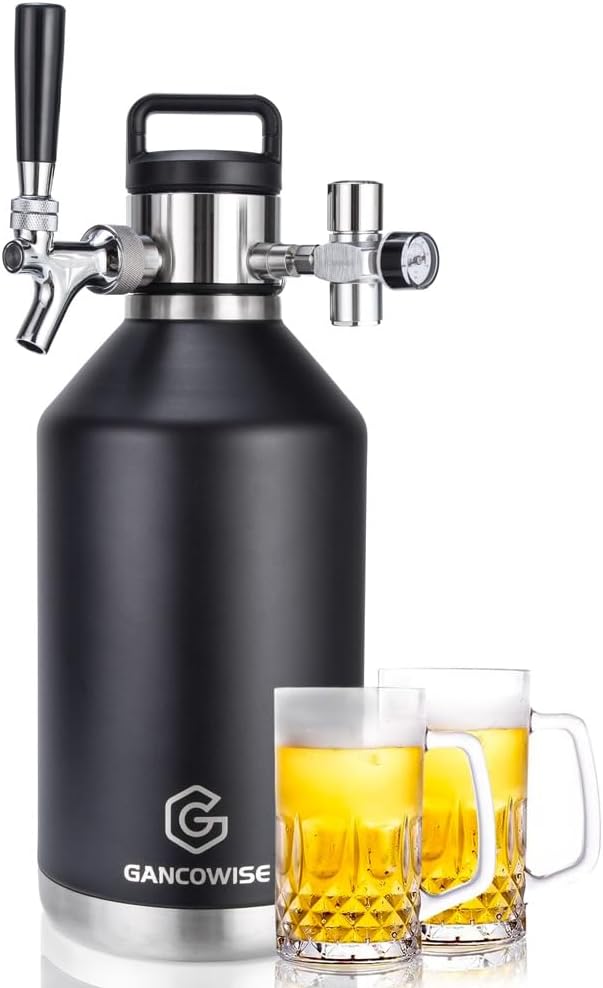128oz Double-Walled Mini Keg Growler, Stainless Steel Vacuum Insulated Home Dispenser System with Detachable Faucet & Regulator Keeps Homebrew, Craft, and Draft Beer Carbonated and Fresh