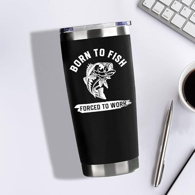 Fishing Gifts For Men Gifts for Fathers Day 20oz Black Born To Fish Forced to Work Travel Tumbler Birthday Christmas Presents For Grandpa Dad Uncle Boyfriend Fishing Lover Travel Cup With Lid Straw
