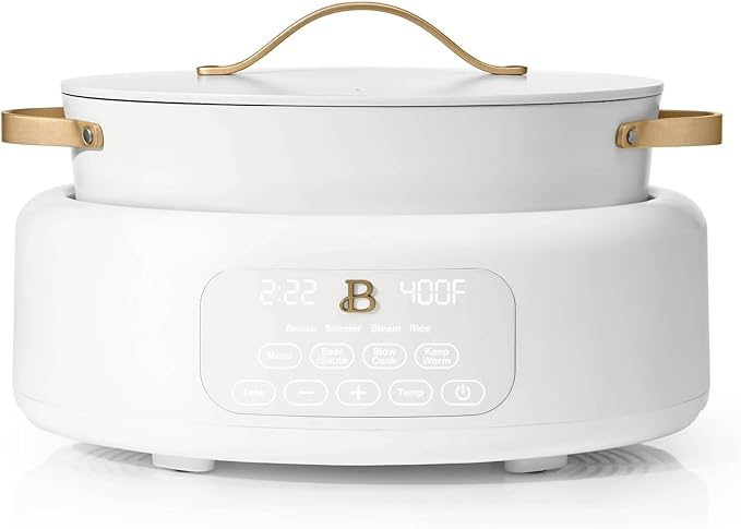 Beautiful 10-in-1 Electric MultiCooker 6 Quart - Programmable Slow Cooker, Sous Vide, Rice Cooker - Sleek Touch Timer & Delayed Start - Kitchen Appliance by Drew Barrymore (White Icing)