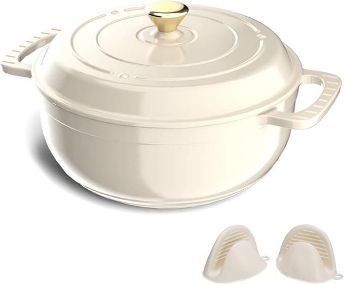 ROVSUN Enameled Cast Iron Round Dutch Oven, 6QT Pot with Lid &Dual Handles with Silicone Gloves,Oven Safe up to 500°F, Heavy-Duty Pre-Seasoned Cookware for Bread Baking, Braising, Stews, Roasting, Cream White