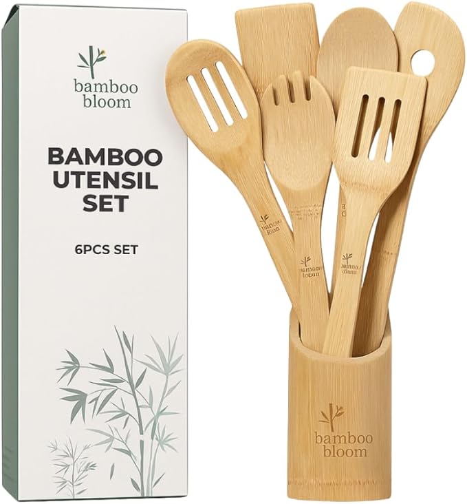 6 Piece kitchen utensils set - bamboo cooking utensils with comfort grip, including utensil holder, bamboo spoons, shovels & spatulas | wooden utensil set for non-stick pans, kitchen essentials