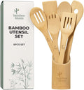 6 Piece kitchen utensils set - bamboo cooking utensils with comfort grip, including utensil holder, bamboo spoons, shovels & spatulas | wooden utensil set for non-stick pans, kitchen essentials