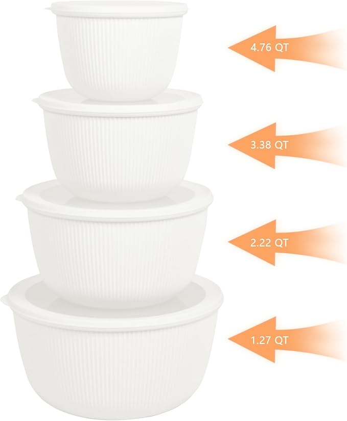 BoxedHome Mixing Bowls with Lids Set, 4 Packs BPA-Free Plastic Prep Bowls for Kitchen, Dishwasher & Microwave Safe, Large Capacity, Beige