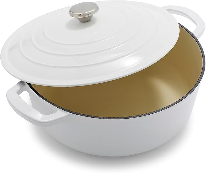 Sur La Table 7-Qt Enameled Cast Iron Dutch Oven – With Lid for Braising, Baking & Deep Frying, Induction Compatible, Oven to 500°F, Seals in Moisture for Flavorful Results, White