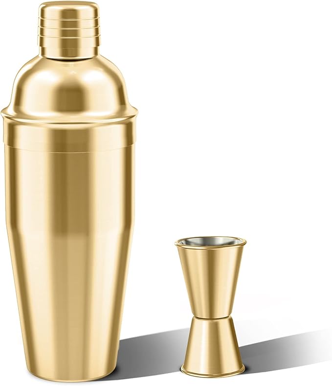 Cocktail Shaker with Double Measuring Jigger,18/8 Stainless Steel 24oz Martini Shaker Set,Drink Shaker Built-in Strainer,Bartender Kit. (Gold)