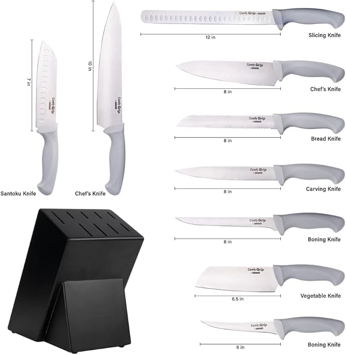 Restaurantware Comfy Grip Knife Set With Holder 1 Sharp 9-Piece Knife Set - Ergonomic Handle Non-Slip Grip Gray Stainless Steel Kitchen Knife Set Dishwashable Includes Knife Holder