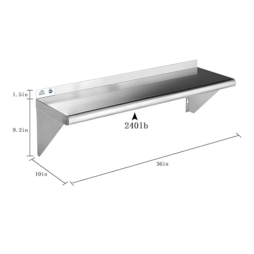 ROCKPOINT Stainless Steel Shelf 10 x 36 Inches 240lb, 2 Pack NSF Metal Commercial Shelves Wall Mount Floating Shelving with Backsplash for Restaurant, Kitchen, Home and Hotel, Silver