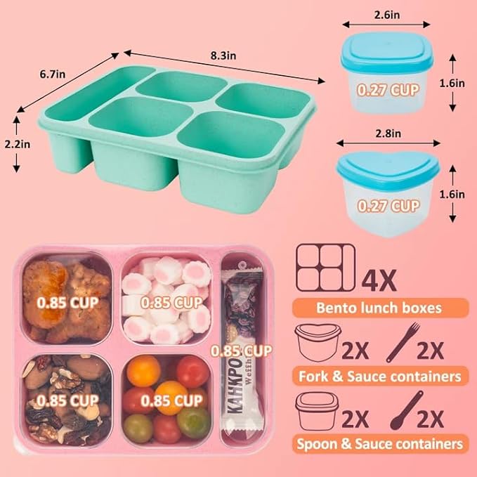 Bento Box Adult Lunch Box 5 Compartment Snack Containers for Kids, Stackable Lunch Containers Food Storage Box- Reusable Snack Container Box for School, Work, Travel, BPA-Free (4 Pack)