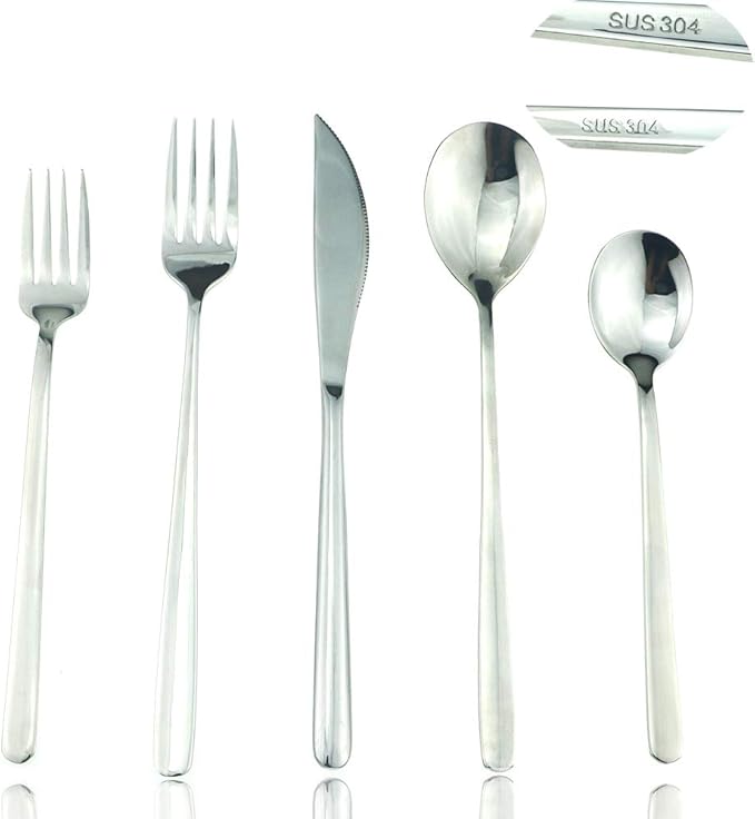 JASHII Mirror Polished Silver 30-Piece SUS304 Stainless Steel Flatware Set,Silverware Set Dinner Knife Fork Spoon Dessert Fork Salad Spoon Service for 6