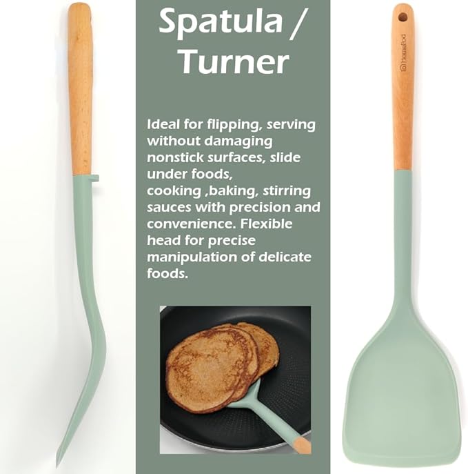 Set of 3 Kitchen Essentials Utensils Set of Silicone Spatulas 15 inches Large Heat Resistant 600F Cooking Baking Non Slip Handles Won't scratch Cookware, Turner Rubber Spatula Ladle Espatula (Green)