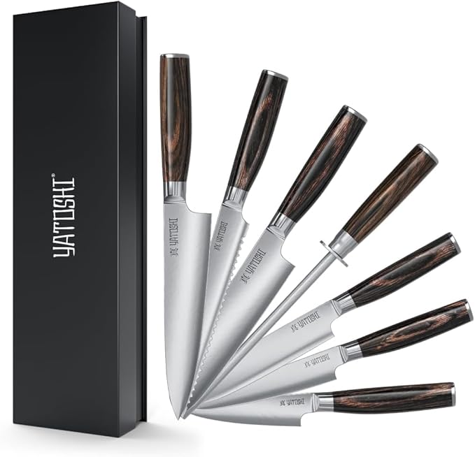 Yatoshi Kitchen Knife Set - 7 Piece, Ultra Sharp High Carbon Stainless Steel, Full Tang