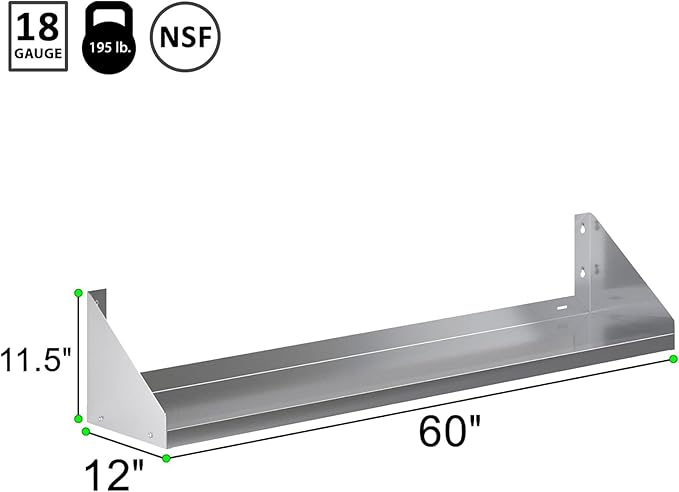 Premium Quality Stainless Steel Wall Shelf with Side Guards | Commercial Metal Shelving | | NSF Certified | (60" Long x 12" Deep)