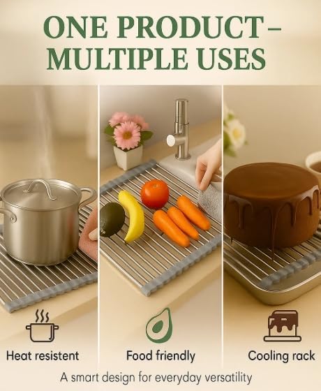 Roll Up Dish Drying Rack – Stainless Steel & Silicone Over Sink Mat, Foldable Kitchen Counter Organizer – Includes Mini Silicone Oven Mitts (Gray)