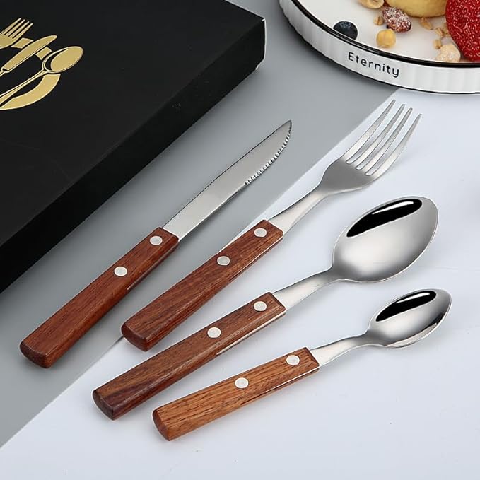 Stainless Steel Wooden Handle Silverware Set,Elegant Western Cutlery Set,Contains Knife, Fork, Spoon (A)