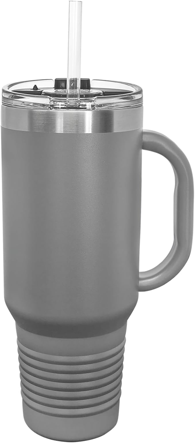 40oz Vacuum Insulated Travel Mug with Handle, Tiki Statue, Personalized Engraving Included (Gray)