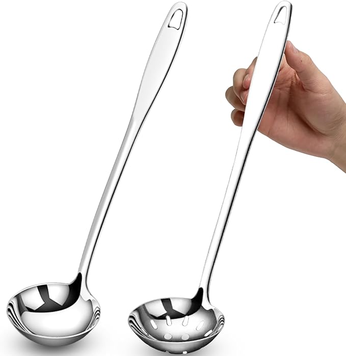 Soup Ladle Slotted Spoon Set, 304 Stainless Steel 12.2Inch Metal Ladle, Extra Large Soup Spoon with Long Handle for Serving, Cooking, Stirring, Serving Soups, Silver
