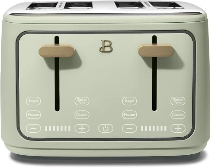 Beautiful 4-Slice Toaster by Drew Barrymore – Touch Display, Extra-Wide Slots, Bagel & Frozen Functions, Stainless Steel (Sage Green)