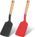 Silicone Spatula Turner, Heat Resistant Pancake Flipper Spatulas for Nonstick Cookware, Cooking Utensils with Wood Handle for Serving, Baking, Frying, Egg, Fish and Burger (2, Black and Red)
