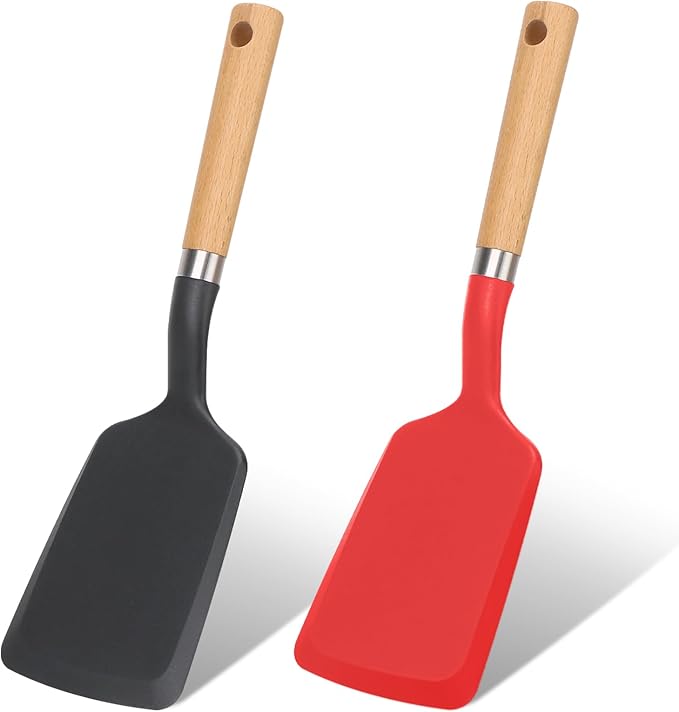 Silicone Spatula Turner, Heat Resistant Pancake Flipper Spatulas for Nonstick Cookware, Cooking Utensils with Wood Handle for Serving, Baking, Frying, Egg, Fish and Burger (2, Black and Red)