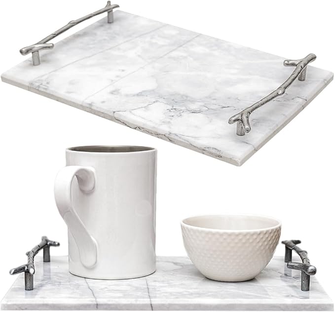 Serving Tray with Silver Handles – 12"x8" Marble Decorative Tray for Snacks, Drinks, Vanity, or Coffee Table Décor by Museo