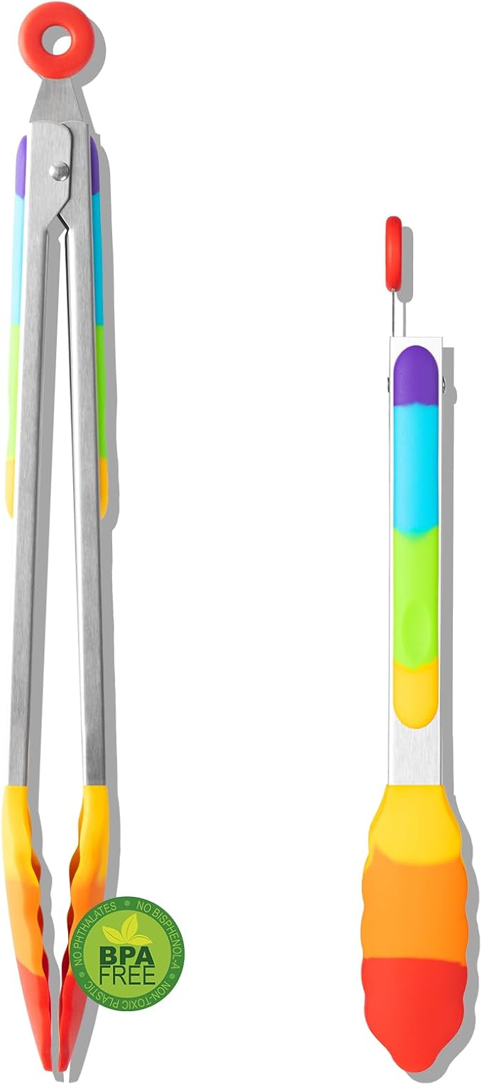 Rainbow Silicone Tongs for Cooking, Heat Resistant Kitchen Tongs for Salad, Grilling, Cooking, 304 Stainless Steel Locking and BPA Free Silicone Tips Set of 2, 9 and 12 Inch