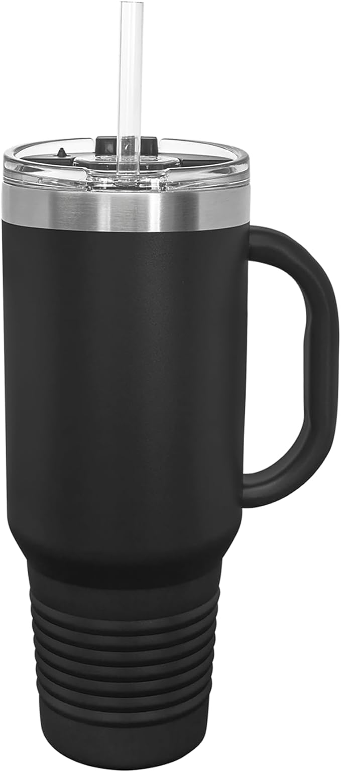 LaserGram 40oz Vacuum Insulated Travel Mug with Handle, Tiki Statue, Personalized Engraving Included (Black)