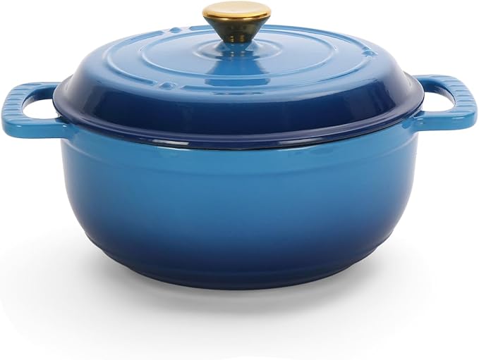 ROVSUN 5 Quart Enameled Cast Iron Dutch Oven with Lid, Dual Handles, Oven Safe up to 500°F or on Stovetop, Compatible for Braising, Stews, Roasting, Bread Baking-Blue