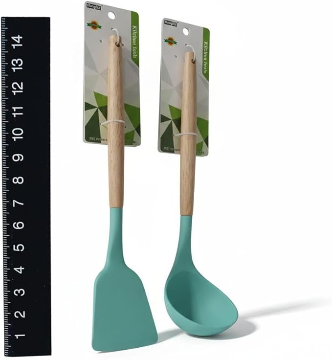 Silicone Cooking Spoons, 2-Piece Nonstick Utensil Set with Acacia Wood Handles - Heat-Resistant for Frying, Serving & Turning Spatula