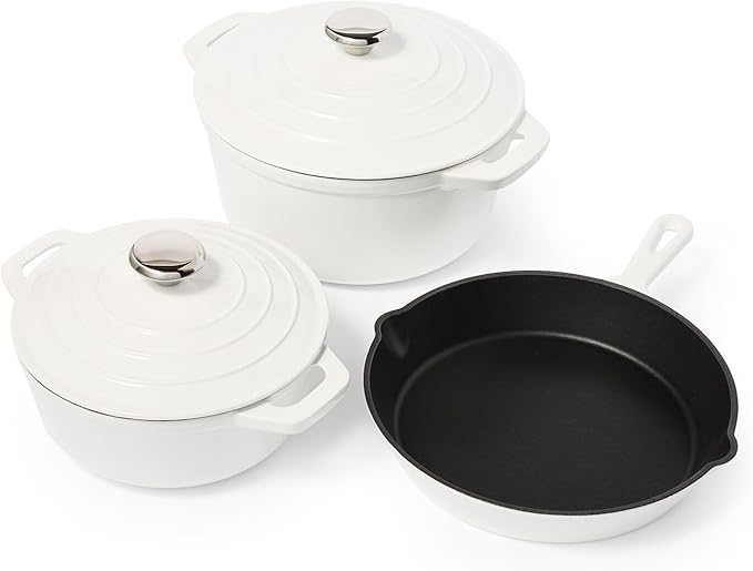 Sur La Table Enameled Cast Iron Cookware Set – Includes 5-Qt & 2.5-Qt Dutch Ovens with Lids and 10" Skillet, Oven to 500°F, Induction Compatible, Essential Starter Gift Set, White