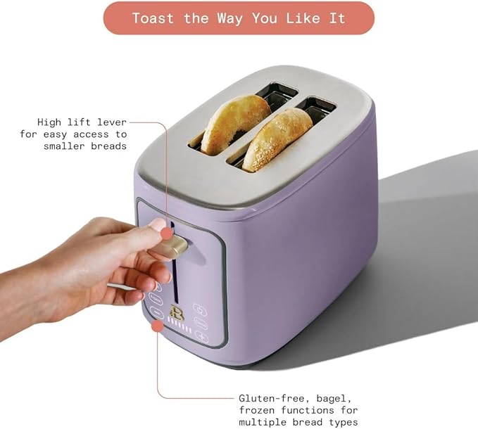Beautiful by Drew Barrymore 2-Slice Toaster, Touch-Activated Display, 7 Shade Settings, Bagel/Frozen/Reheat Presets. (Lavender)
