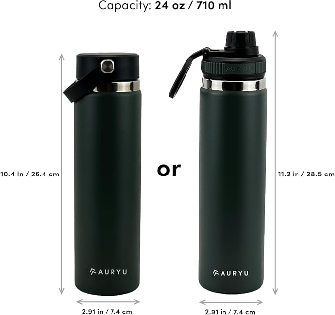 Olive Green 24oz Triple-Wall Stainless Steel Water Bottle – Wide Mouth, Leak Proof Thermos with Bonus Spout Lid – BPA-Free Flask for Gym, Hiking, Travel, Hot & Cold Drinks