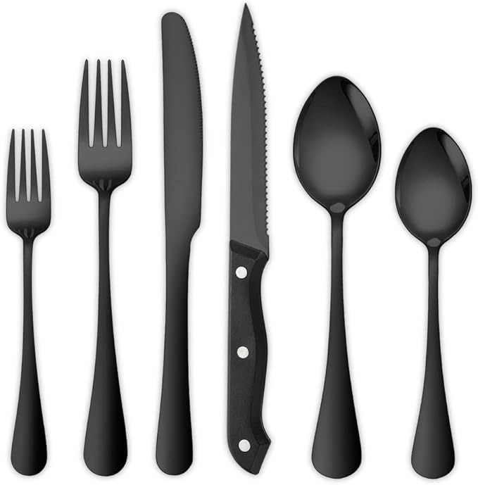 Black Cutlery Set for 4 Silverware Stainless Steel Flatware 24 Piece Fork Spoon Knives Perferct for Parties Restaurant Everyday Kitchen Utensils Mirror Polished