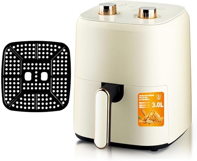 3.0L Air Fryer Oven, Push Button Control, Single Basket, 1300W Multi-Purpose Electric Appliance, White with Gold Accents