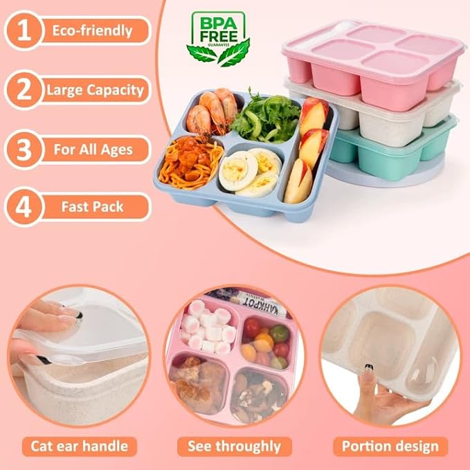 Bento Box Adult Lunch Box 5 Compartment Snack Containers for Kids, Stackable Lunch Containers Food Storage Box- Reusable Snack Container Box for School, Work, Travel, BPA-Free (4 Pack)