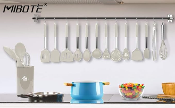 Silicone Kitchen Cooking Utensil Set, Silicone Kitchen Spatula Utensils Set with Stainless Steel Handle,Non-stick Heat Resistant - Best Kitchen Cookware Set-(Khaki)