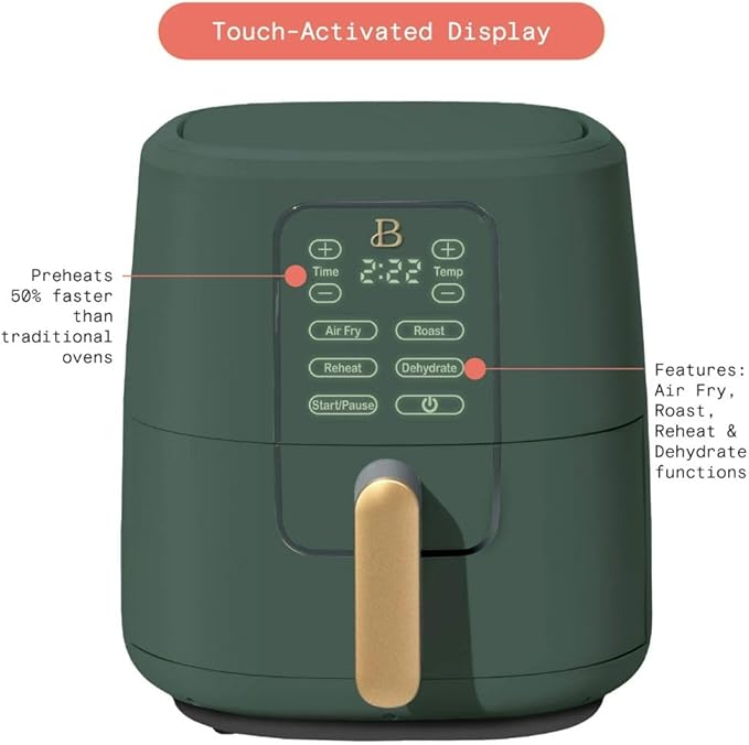 Beautiful by Drew Barrymore 6-Quart Digital Air Fryer, TurboCrisp Technology, Touch-Activated Display, 1750W, 90–400°F, Dishwasher-Safe Basket (THYME GREEN)